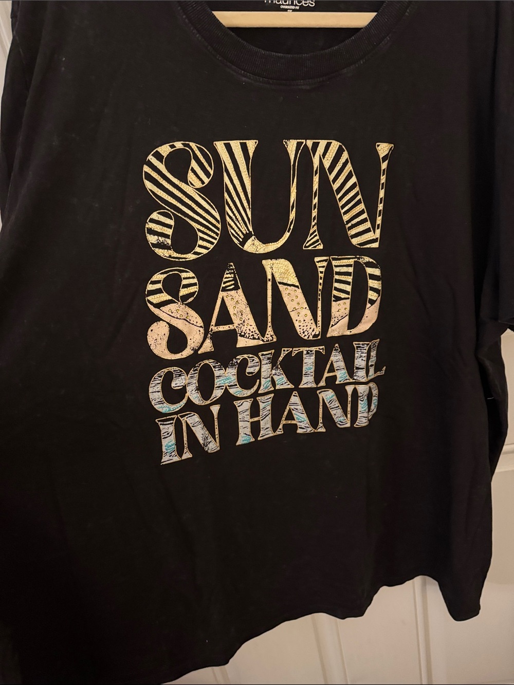 Maurices Black Graphic Tee with Gold and Light Blue Lettering